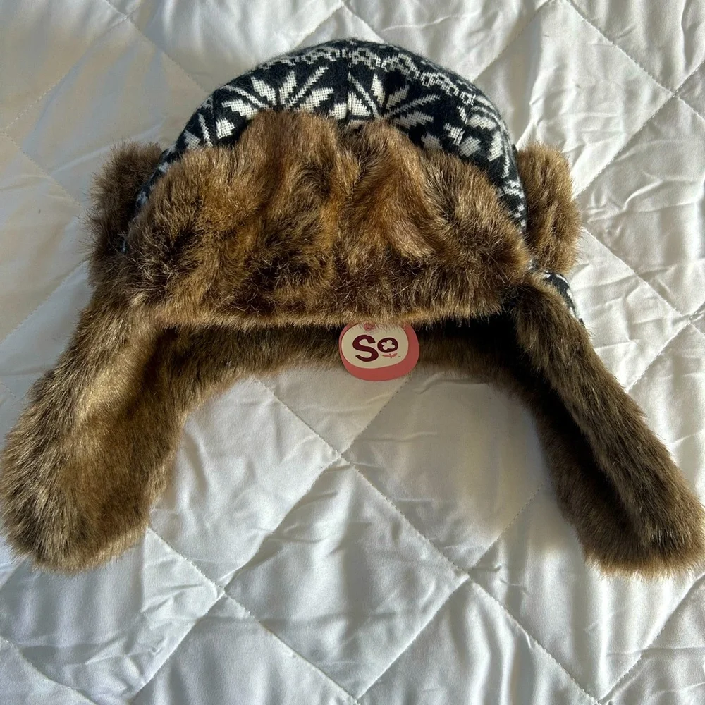 NWT So Fairisle Faux Fur Winter Trapper Hat